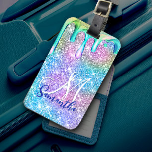 Cute unicorn blue roze glitter druppelt monogram a bagagelabel