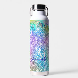 Cute unicorn blue roze glitter druppelt monogram a waterfles