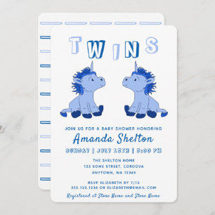 Cute Unicorn Blue Twins Boys Baby shower Kaart