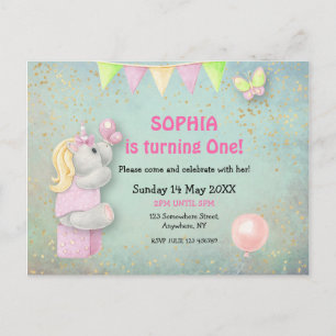 Cute Unicorn/Butterflies First Birthday Invision Briefkaart