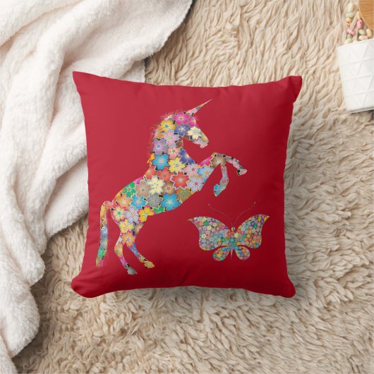 Cute Unicorn Butterfly Flowers Pillow voor kindere Kussen (Deken)