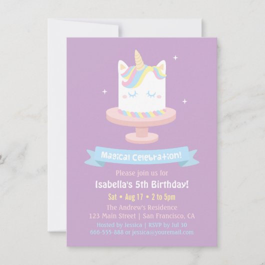 Cute Unicorn Cake Girls Birthday Party Invitations Kaart (Voorkant)