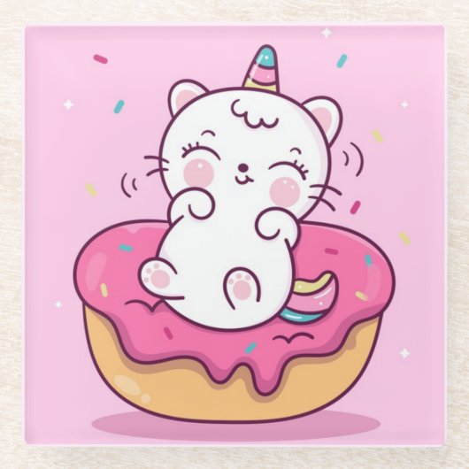 Cute Unicorn Cat Glazen Onderzetter (Voorkant)