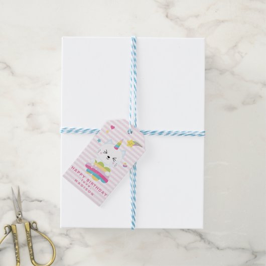 Cute Unicorn Cat - Kinderen Birthday Cadeaulabel (Met Touw)