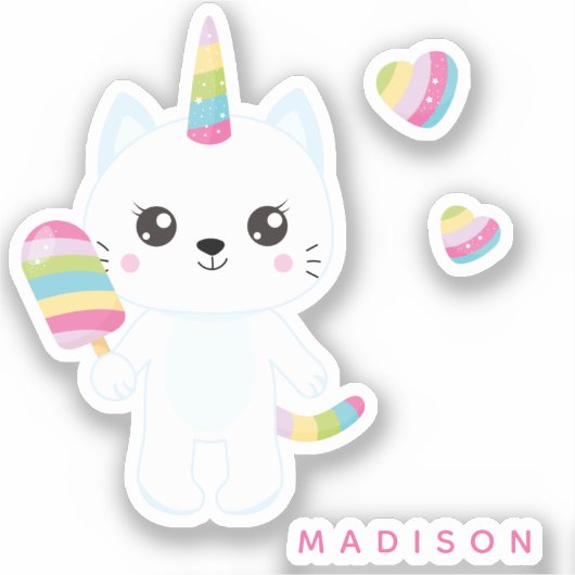 Cute Unicorn Cat met regenboogharten Sticker (Voorkant)