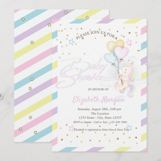 Cute Unicorn, Cloud, Balloons Stars Baby shower Kaart (Voorkant / Achterkant)