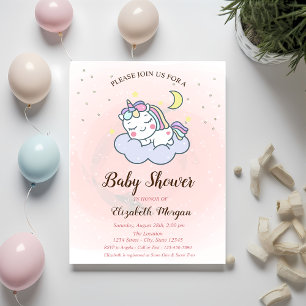 Cute Unicorn, Cloud, Stars Baby shower Invitation Kaart