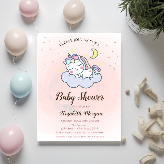 Cute Unicorn, Cloud, Stars Baby shower Invitation Kaart