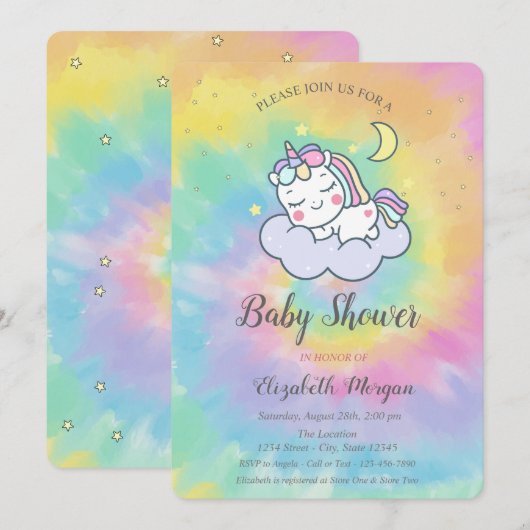 Cute Unicorn, Cloud, Stars Tie Dye Baby shower Kaart (Voorkant / Achterkant)
