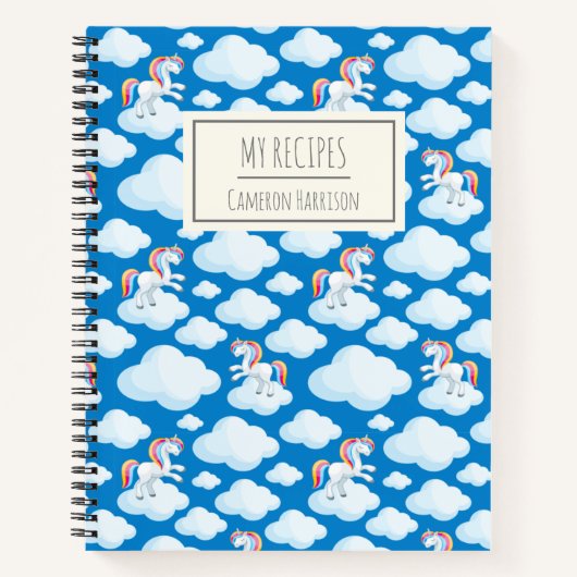 Cute Unicorn Clouds Blue Personalized Kinder Recip Notitieboek (Voorkant)