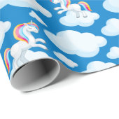 Cute Unicorn Clouds Whimsical Blue Patroon Cadeaupapier (Rol Hoek)