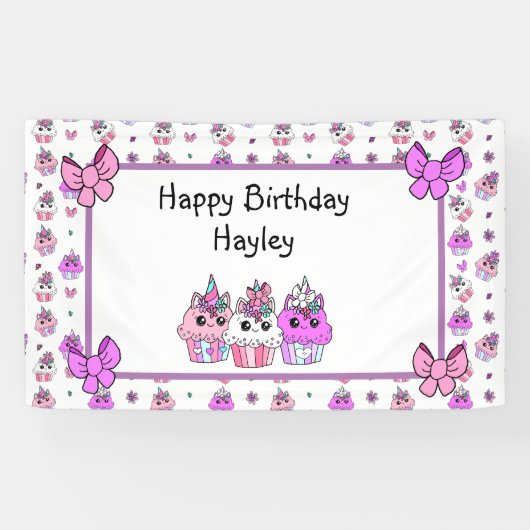 Cute Unicorn Cupcakes Girl's BIrthday Banner (Horizontaal)