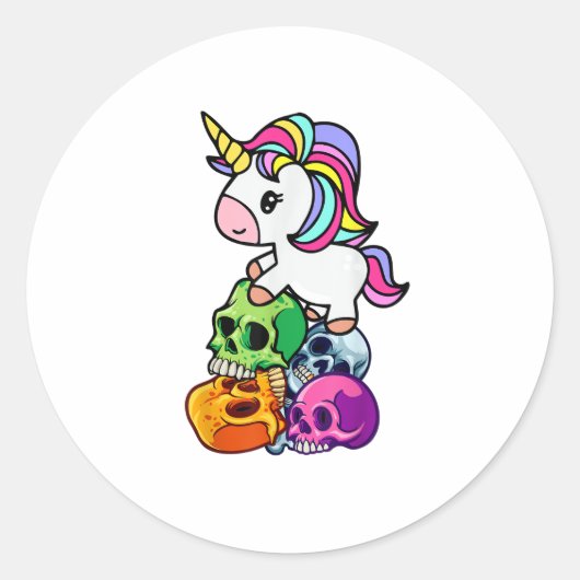 Cute Unicorn & Dead Skulls. Funny Gothic Emo Brawe Ronde Sticker (Voorkant)