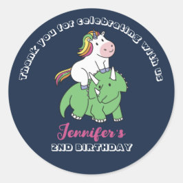 Cute Unicorn Dinosaur Kids Birthday Party Favor Ronde Sticker
