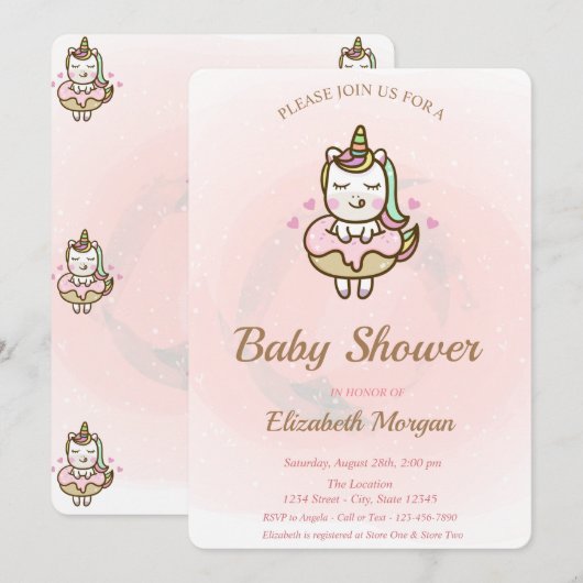 Cute Unicorn, Donut Baby shower Invitation Kaart (Voorkant / Achterkant)