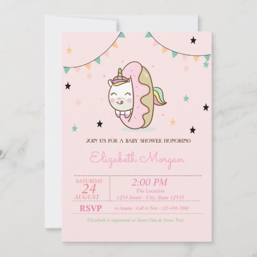 Cute Unicorn, Donuts Baby shower Kaart (Voorkant)