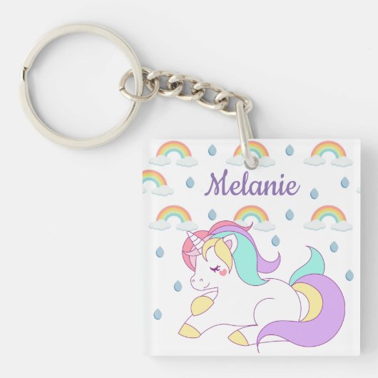 Cute Unicorn en Rainbows, gepersonaliseerd Sleutelhanger (Voorkant)