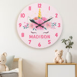 Cute Unicorn Eyelashes Girls Bedroom Wall Clock Grote Klok<br><div class="desc">Cute Unicorn Eyelashes Girls Bedroom Wall Clock. Dit ontwerp bevat een mooie eenhoorn omringd door gouden sterren en bloemen. Pastel roze magische fantasieklok voor meisjes. Pas dit douaneontwerp met uw eigen naam of tekst aan.</div>