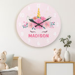 Cute Unicorn Eyelashes Girls Bedroom Wall Clock Grote Klok<br><div class="desc">Cute Unicorn Eyelashes Girls Bedroom Wall Clock. Dit ontwerp bevat een mooie eenhoorn omringd door gouden sterren en bloemen. Pastel roze magische fantasieklok voor meisjes. Pas dit douaneontwerp met uw eigen naam of tekst aan.</div>