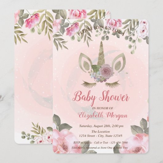 Cute Unicorn Face, Floral Baby shower Invitation Kaart (Voorkant / Achterkant)