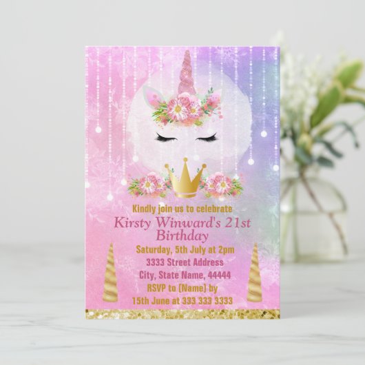 Cute Unicorn Face Pink Flowers Birthday Party Kaart (Staand voorkant)