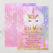 Cute Unicorn Face Pink Flowers Birthday Party Kaart (Voorkant / Achterkant)