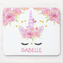 Cute Unicorn Face Pink Flowers Gold Hearts Mouse