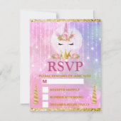 Cute Unicorn Face Pink Flowers Quinceañera RSVP Kaartje (Voorkant)