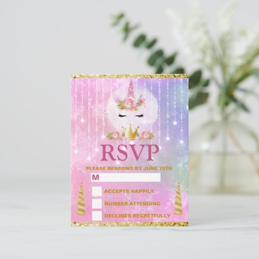 Cute Unicorn Face Pink Flowers Quinceañera RSVP Kaartje (Staand voorkant)