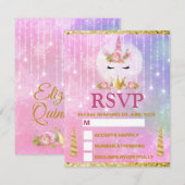 Cute Unicorn Face Pink Flowers Quinceañera RSVP Kaartje (Voorkant / Achterkant)