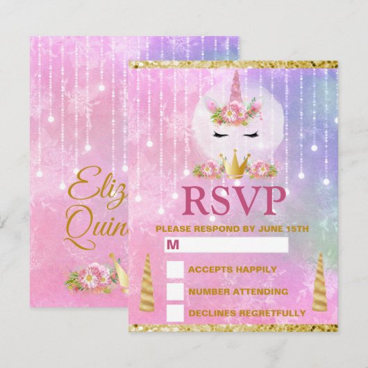 Cute Unicorn Face Pink Flowers Quinceañera RSVP Kaartje (Voorkant / Achterkant)