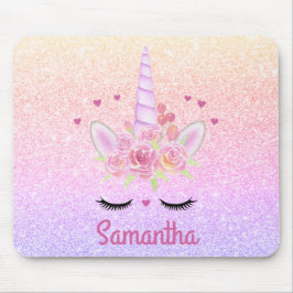 Cute Unicorn Face Rainbow Glitter Pink Hearts Muismat