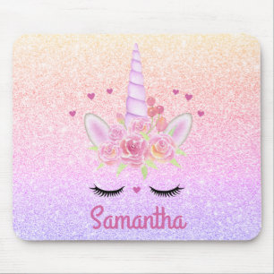 Cute Unicorn Face Rainbow Glitter Pink Hearts Muismat