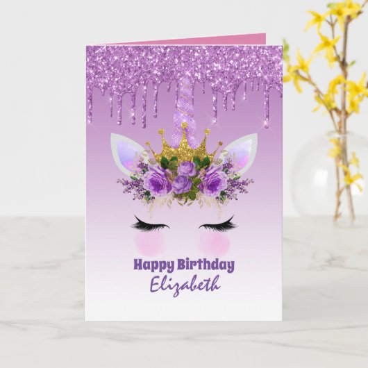 Cute Unicorn Fantasy  Girly Design Paarse Kaart (Gele Bloem)