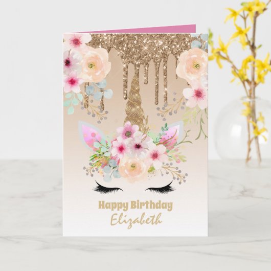 Cute Unicorn Fantasy  Girly Drip Gold genaamd Kaart (Gele Bloem)