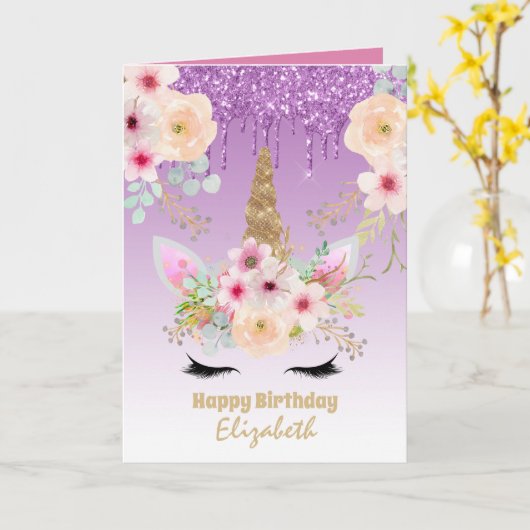 Cute Unicorn Fantasy  Girly Lila Gold genaamd Kaart (Gele Bloem)