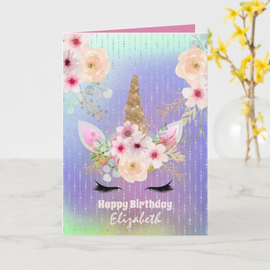 Cute Unicorn Fantasy  Girly Rainbow genaamd Kaart (Gele Bloem)