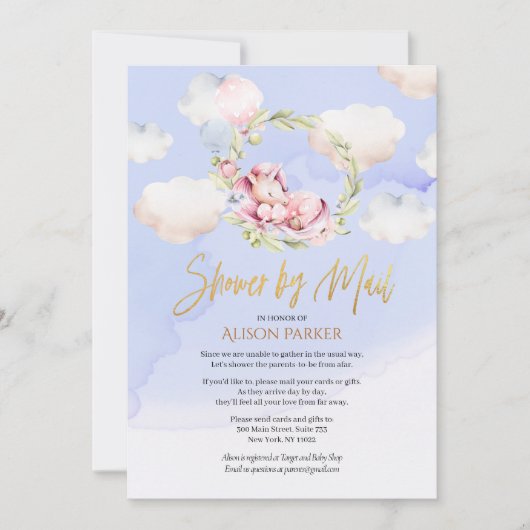 Cute Unicorn Floral Blue Sky Baby shower per post Kaart (Voorkant)