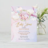 Cute Unicorn Floral Greenery Pink Sky Baby shower Kaart (Staand voorkant)