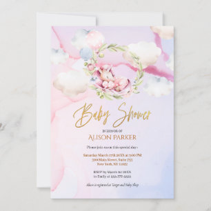 Cute Unicorn Floral Greenery Pink Sky Baby shower Kaart
