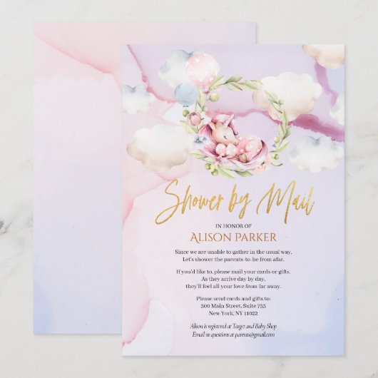 Cute Unicorn Floral Pink Sky Baby shower per post Kaart (Voorkant / Achterkant)