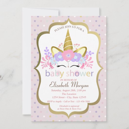 Cute Unicorn, Floral, Stars Baby shower Invitation Kaart (Voorkant)