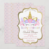 Cute Unicorn, Floral, Stars Baby shower Invitation Kaart (Voorkant / Achterkant)