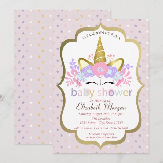 Cute Unicorn, Floral, Stars Baby shower Invitation Kaart (Voorkant / Achterkant)