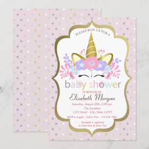 Cute Unicorn, Floral, Stars Baby shower Invitation Kaart