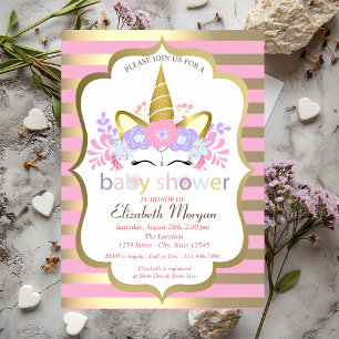 Cute Unicorn, Floral, Stripes Baby shower Invitati Kaart