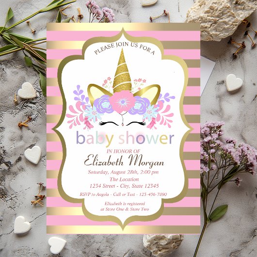 Cute Unicorn, Floral, Stripes Baby shower Invitati Kaart