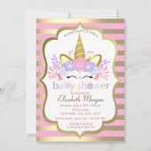Cute Unicorn, Floral, Stripes Baby shower Invitati Kaart (Voorkant)