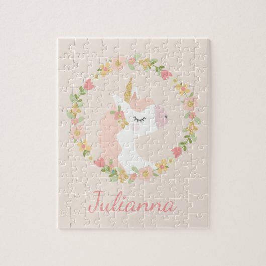 Cute Unicorn Floral Wreatush Blush Pink Custom Nam Legpuzzel (Verticaal)