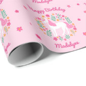 Cute Unicorn Flowers Birthday Roze Naam Cadeaupapier (Rol Hoek)